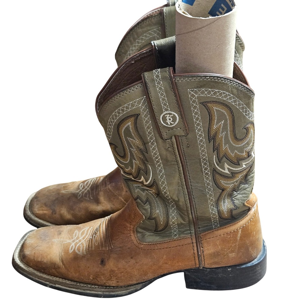Tony Lama Leather Square Toe‎ Western Cowboy Boots Mens 9D Olive Brown RR1115